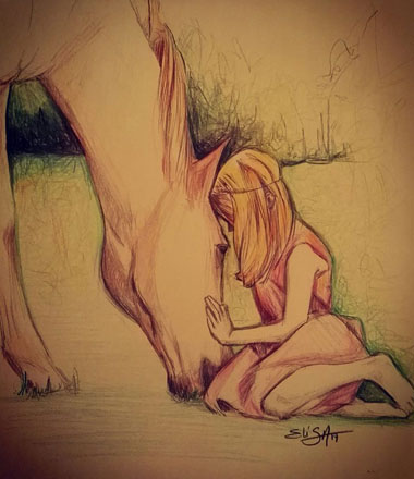 Petite fille avec son cheval – crayons de couleur sur papier blanc. Dispo. S’il vous interesse : contact@elisalewis.net