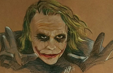 Heath Ledger en Joker – Crayons de couleur sur papier kraft – Dispo. S’il vous interesse : contact@elisalewis.net
