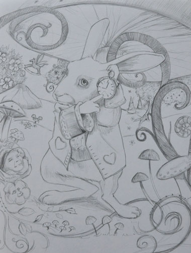 Crayon sur papier canson – Travail de composition et d’illustration sur le thème d’Alice au pays des Merveilles (Burton) – Le Lapin Blanc - Dispo : S’il vous interesse : contact@elisalewis.net