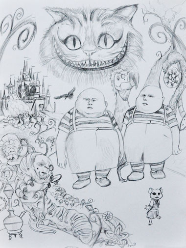 Crayon sur papier canson – Travail de composition et d’illustration sur le thème d’Alice au pays des Merveilles (Burton) – Les Twiddle, le chat et le dodo - Dispo : S’il vous interesse : contact@elisalewis.net