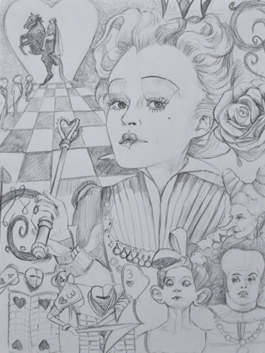 Crayon sur papier canson – Travail de composition et d’illustration sur le thème d’Alice au pays des Merveilles (Burton) – La Reine de Coeur - Dispo : S’il vous interesse : contact@elisalewis.net