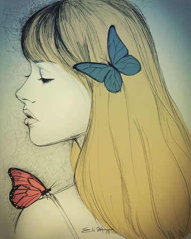 La chanteuse Angèle, dessin crayon puis colorisation digitale (photoshop)