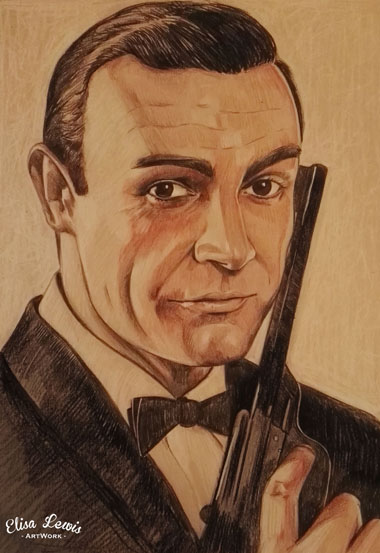 Sean Connery / James Bond. Crayons de couleur sur papier kraft. Dispo : S’il vous interesse : contact@elisalewis.net