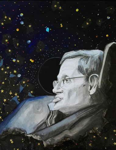 Stephen Hawking. Format A4. Crayons + collage + posca sur carton. - Dispo : S’il vous interesse : contact@elisalewis.net